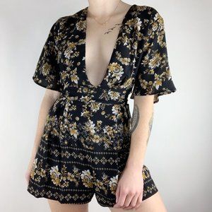 Funky Soul Black Floral Boho Bat Wing Tie Romper